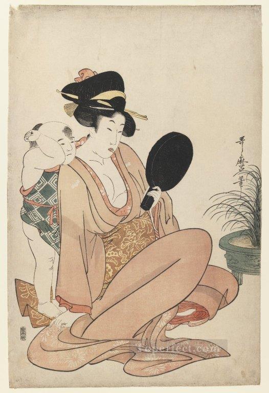 mother and child gazing at a hand mirror 1805 Kitagawa Utamaro Ukiyo e Bijin ga Oil Paintings